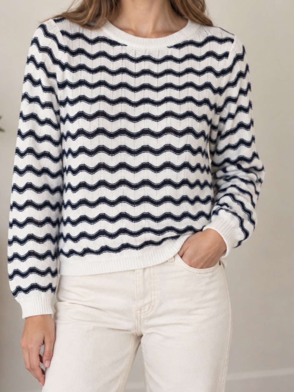 Ann Taylor LOFT Striped Pointelle Knit Crew Pullover Sweater White Medium Petite
